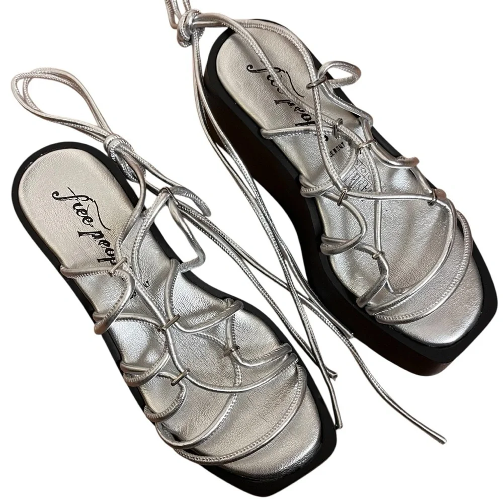 Free People Georgie Sandal Silver Lace-Up Platform Sandals Chunky Flatform 37